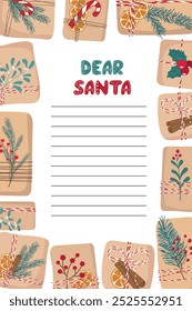 Cute Letter to Santa Claus with handmade gift boxes Frame. Winter Holidays Background. Merry Christmas and New Year preparing. Template for Children wish list. Vector illustration