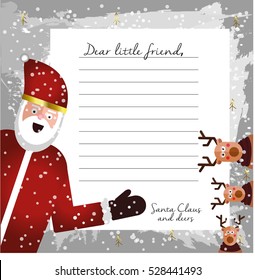 Cute Letter from Santa Claus. Vector template.  Beautiful vector illustration with flat character Santa Claus and  deer. Hand drawn illustration.