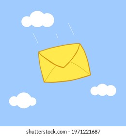 The cute letter in the sky with the clouds. Hand drawn vector illustration. Sweet element for greeting cards, posters, stickers and seasonal design and patterns. 