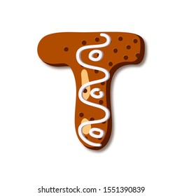 Cute letter T in form of cookies. Glazed Christmas food gingerbread. Sweet biscuit alphabet with frosting. Figures decorated icing sugar Isolated on white background. Flat style vector illustration.