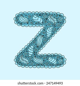 Cute letter Z. Floral monogram Z with vintage flowers and doodles. Can be used in wedding card, invitation and book design. Vector illustration