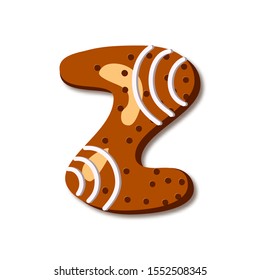 Cute letter Z in form of cookies. Glazed Christmas food gingerbread. Sweet biscuit alphabet with frosting. Figures decorated icing sugar Isolated on white background. Flat style vector illustration.