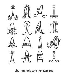 Cute lettered A .Set of Symbol A isolated on while background