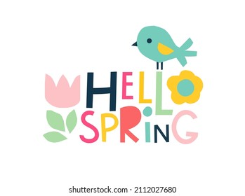 Cute lettering hello spring in a trendy style. Vector welcome text