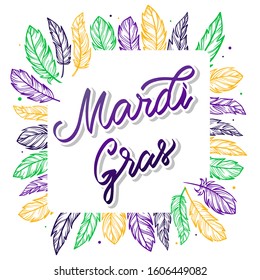 cute lettering quote 'Mardi Gras' decorated with feathers on white background. Poster, banner, print, invitation, greeting card design. Festive typography template. EPS 10