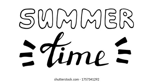 Cute lettering in summer doodle set. Positive phrase. Hand drawn vector illustration for greeting cards, posters, stickers and seasonal design in horizontal format