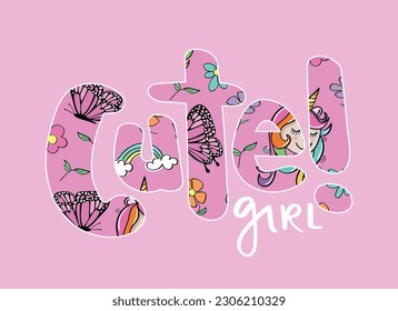 Tipografía con letras cortas con dibujos de mariposa y unicornio. Diseño de ilustraciones vectoriales para gráficos de moda, estampados de camisetas.