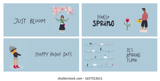 Cute lettering vector illustrations with smiling girls enjoying rain under umbrella and cherry blossom, guy, watering flower in his garden, paper boats. Spring season nature inspired postcard set.