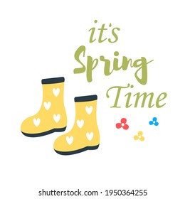 Cute lettering with yellow boots. Vector hand drawn illustration. Design for cards, backgrounds, labels, stickers.