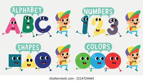 Cute letters,  numbers,  shapes, colors run with the boy in the hat