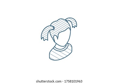 cute lettle girl avatar isometric icon. 3d vector illustration. Isolated line art technical drawing. Editable stroke