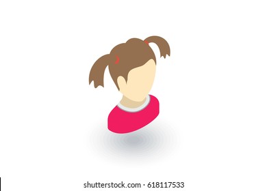 cute lettle girl avatar isometric flat icon. 3d vector colorful illustration. Pictogram isolated on white background