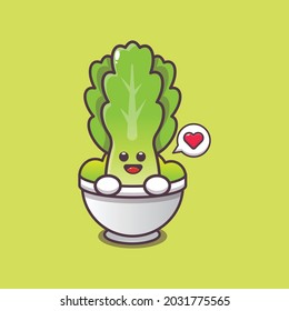 cute lettuce in bowl. Vegetable world day. Vector isolated flat illustration for poster, brochure, web, mascot, sticker, logo and icon.