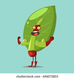 Cute Lettuce cartoon character of a vegetable in a superhero costume, mask and big biceps. Vector concept illustration in a flat style for a healthy eating and lifestyle.