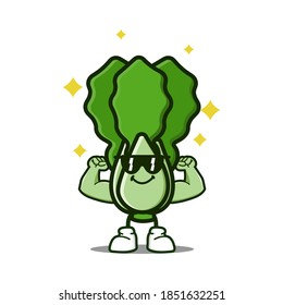 cute lettuce cartoon mascot character funny expression showing muscle