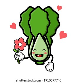 cute lettuce cartoon mascot character funny expression giving flower