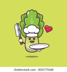 cute lettuce chef. Vegetable world day. Vector isolated flat illustration for poster, brochure, web, mascot, sticker, logo and icon.