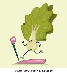 Cute Lettuce doing exercises on a treadmill. Eating healthy and fitness. Retro flat concept illustration.