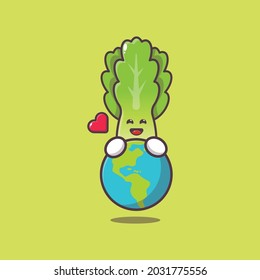 cute lettuce huging earth. Vegetable world day. Vector isolated flat illustration for poster, brochure, web, mascot, sticker, logo and icon.