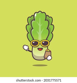 una linda lechuga con bolso de compras. Día mundial de la vegetación. Ilustración plana aislada de vectores para afiches, folletos, web, mascota, pegatina, logotipo e icono.