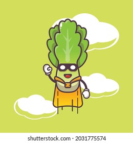 cute lettuce super hero. Vegetable world day. Vector isolated flat illustration for poster, brochure, web, mascot, sticker, logo and icon.