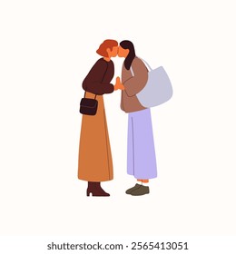 Cute LGBT couple holds hands, kisses. Lesbian lovers walk together. LGBTQ beloveds love each other. Happy girls in homosexual romantic relationships. Flat isolated vector illustration on white