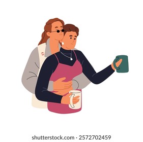 Cute LGBT couple hugs. Lovers, beloved lesbians cuddle together, hold cups of coffee. Happy women in romantic relationships love, embrace, show feelings. Flat isolated vector illustration on white