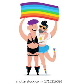 Cute lgbt couple with rainbow flag vector cartoon character isolated on a white background.