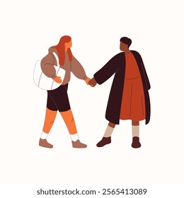 Cute LGBT couple walks together. Beloved lesbians hold hand during stroll outdoor. Happy girls love each other. Homosexual interracial romantic relationships. Flat isolated vector illustration