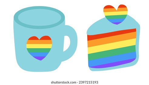 Cute LGBT Cup und Kuchen einzeln auf weißem Hintergrund. LGBTQ Symbol der LGBT-Stolpergemeinschaft. Regenbogen. Flache Vektorgrafik.