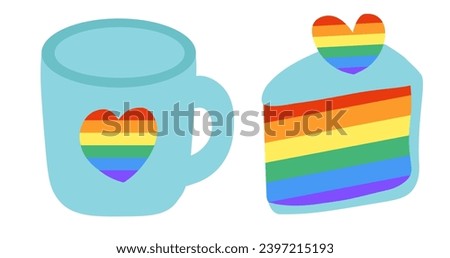 Cute LGBT Cup and Cake isolated on white background. LGBTQ. Symbol of the LGBT pride community. Rainbow. Flat vector illustration.