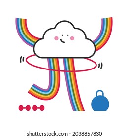 Cute lgbtq cloud character doing exercises with hula hoop vector cartoon concept illustration isolated on a white background.