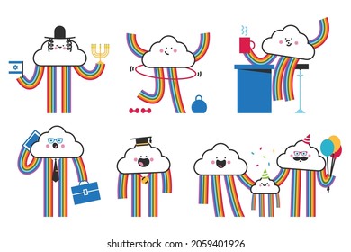 Cute lgbtq clouds with rainbow characters vector cartoon set isolated on a white background. Concept illustration.