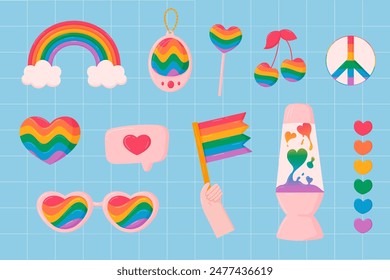 Cute LGBTQ+ collection, celebrating diversity, pride and inclusivity. Rainbows, hearts, peace signs, flag, lollipop, lava lamp. Ideal for print and social media.