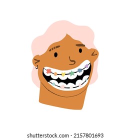 Cute LGBTQ gender neutral character with braces colored of the lgbt and the transgender flag palette. Funny young guy or woman, teenager girl with pink hair widely smiles. Pride month celebration.