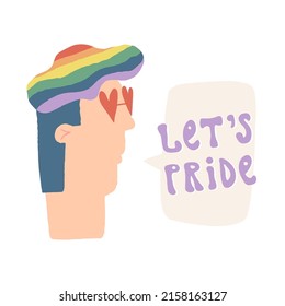 Cute LGBTQ gender neutral character with rainbow hair and heart sunglasses saying Let's Pride. Young guy or woman, teenager girl with speech bubble. Pride month celebration card, banner funny design.