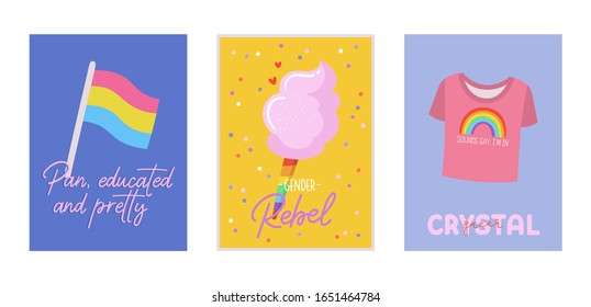 Cute LGBTQ pride cards set. Beautiful equality symbols: pansexual flag, rainbow. Vector hand drawn illustrations and lettering. Pride Month templates for poster, banner, cards.