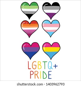 Cute lgbtq pride hearts cartoon vector illustration motif set. Hand drawn isolated romantic couples symbol elements clipart for marriage blog, equality graphic, lovers web buttons.