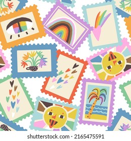 Cute LGBTQ Pride Month celebration seamless pattern with various postage stamps on isolated background. Hearts, flowers, palm, sun in LGBTQ flag colors. Vector repeat illustration for fabric, textile.