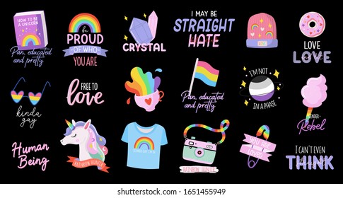 Cute LGBTQ pride print. Beautiful equality symbols and lettering. Flag, rainbow, unicorn. Vector hand drawn illustrations. Perfect for Pride Month decorations, poster, banner, cards design.