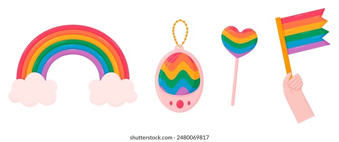 Cute LGBTQ+ pride set with a rainbow, heart lollipop, and flag, symbolizing love and diversity. 