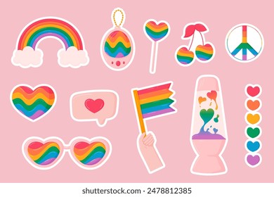 Cute LGBTQ+ sticker set, celebrating diversity, pride and inclusivity. Rainbows, hearts, peace signs, flag, lollipop, lava lamp. Ideal for print.