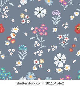 Cute liberty print on grey background. Seamless vector pattern. Vintage fabric with small inflorescences. Retro textile collection.