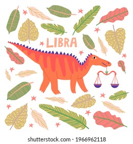 Cute Libra dinosaur character isolated on white background. Hand drawn reptile monster with weighing scale. Cartoon animal, horoscope zodiac sign kids vector illustration. Childish t shirt print