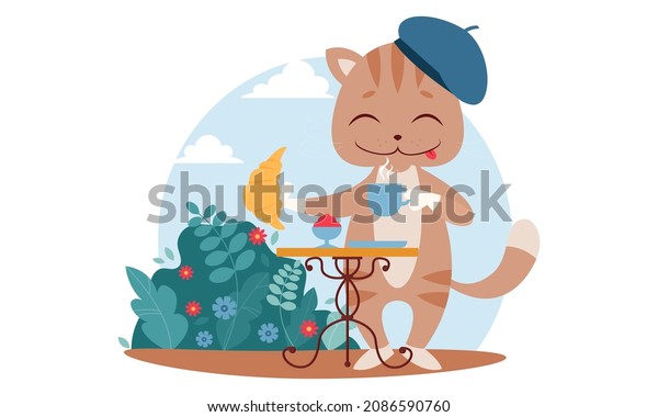 A cute licking cat in a beret holds a croissant and\
a cup of coffee. Vector food illustration. French cuisine,\
pastries, Parisian cafe.