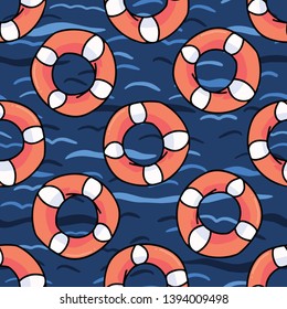 Cute lifering in the ocean cartoon seamless vector pattern. Hand drawn lifebuoy sailing tile. All over print for seafaring blog, nautical graphic, orange home decor.