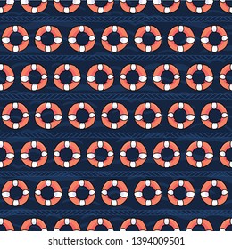 Cute lifering stripe cartoon seamless vector pattern. Hand drawn lifebuoy sailing tile. All over print for seafaring blog, nautical graphic, orange home decor.