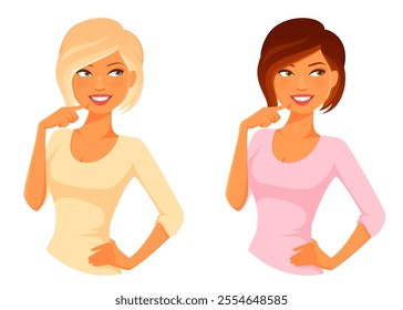 cute lifestyle illustration of a beautiful young woman with blonde or brown hair, smiling while thinking or making plans for future. Cartoon character. Isolated on white.