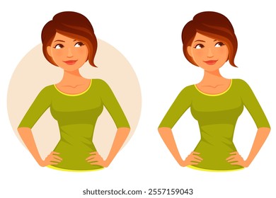 cute lifestyle illustration of a young woman with short brown hair standing with her hands on hips, looking up, thinking or making decision. Cartoon character. Isolated on white.