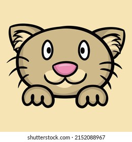 Cute light beige cat, contented cat face with paws, cartoon vector illustration close-up on beige background